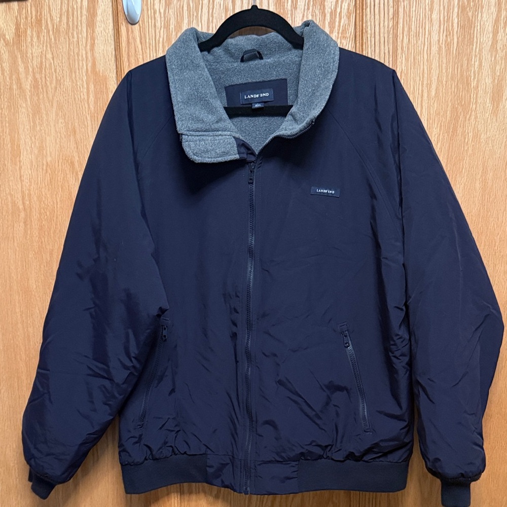 Lands' End Men's Black with gray Fleece lined jacket. Size Large w/ zip pockets